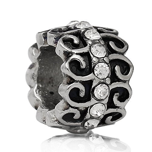 Silver Tone Cylinder with Created Crystals Charm European Bead Compatible for Most European Snake Chain Bracelet