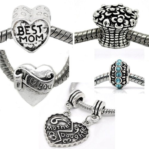 Set of 5 Family Love Mom Charm Beads For Snake Chain Bracelets - Sexy Sparkles Fashion Jewelry