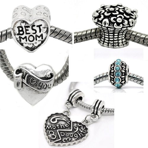 Set of 5 Family Love Mom Charm Beads For Snake Chain Bracelets