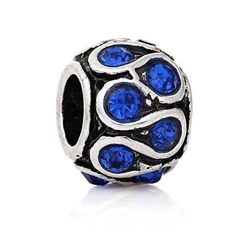 S Pattern Royal Blue Crystal Charm European Bead Compatible for Most European Snake Chain Bracelet