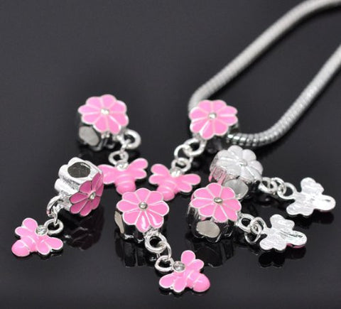 Pink Enamel Flower Bail with Bee Dangle Charm Charm European Bead Compatible for Most European Snake Chain Bracelet. - Sexy Sparkles Fashion Jewelry - 4