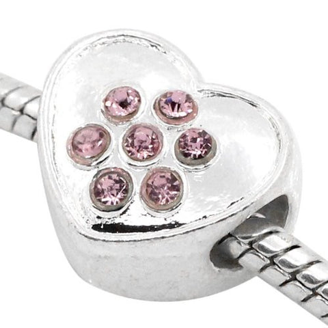 Heart W/pink  Rhinestones Charm European Bead Compatible for Most European Snake Chain Bracelet - Sexy Sparkles Fashion Jewelry - 2