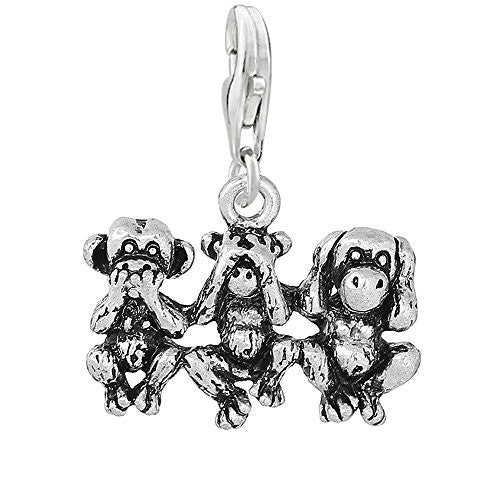 Speak No Evil See No Evil Hear No Evil Monkeys Clip on Pendant Charm for Bracelet or Necklace - Sexy Sparkles Fashion Jewelry