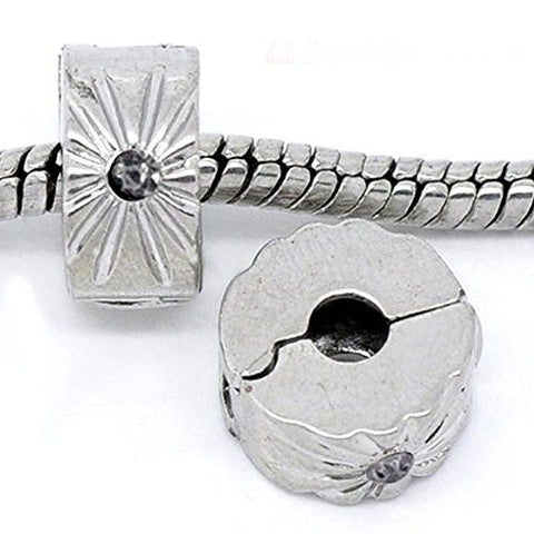 Clip Lock Stopper Bead with Gray Stones with 2 Clear Silicone Stopper For Snake Chain Charm Bracelet - Sexy Sparkles Fashion Jewelry - 1
