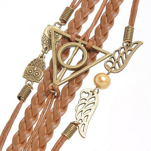 Braiding Leatheroid Wax Rope Bracelets Brown Antique Bronze Halloween Owl Triangle Ring Wing W/Lobster Clasp - Sexy Sparkles Fashion Jewelry - 2
