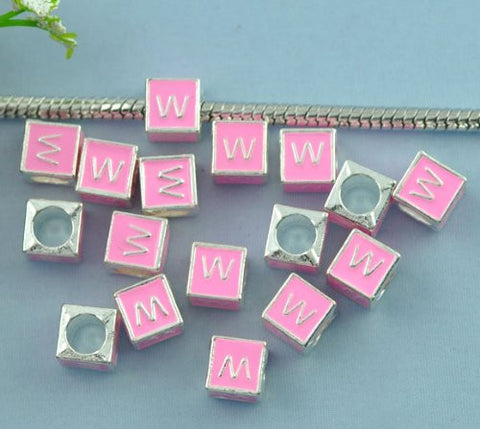 "W" Letter Square Charm Beads Pink Enamel European Bead Compatible for Most European Snake Chain Charm Bracelets - Sexy Sparkles Fashion Jewelry - 2