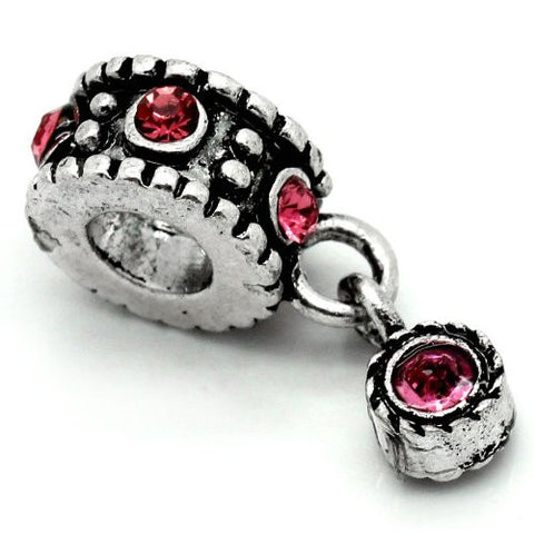 Dangle Bead w/ Pink  Rhinestones October Birthstone  s European Bead Compatible for Most European Snake Chain Bracelet - Sexy Sparkles Fashion Jewelry - 2