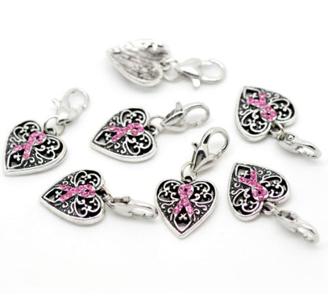 Pink Ribbon Awareness Heart Clip on Pendant for European Charm Jewelry w/ Lobster Clasp - Sexy Sparkles Fashion Jewelry - 3