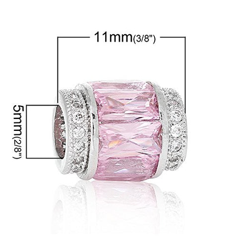 Copper European Charm Beads Cylinder Silver Tone Clear Pink Zirconia - Sexy Sparkles Fashion Jewelry - 2