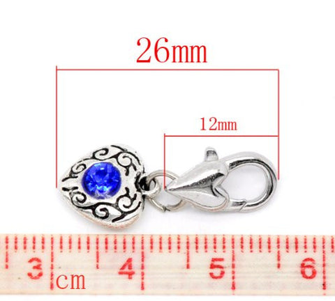 Heart Antique Silver September Rhinestone Clip On Charms. Fits Thomas Sabo 26x10mm, - Sexy Sparkles Fashion Jewelry - 2