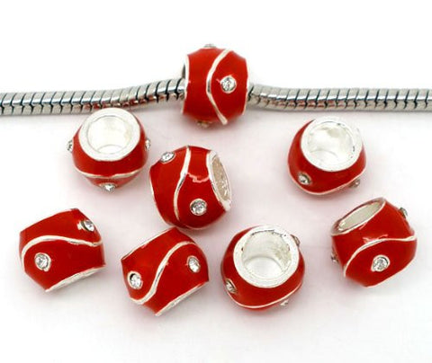 Red Rhinestone Enamel Silver Tone Bead Charm Spacer for Snake Chain Bracelets - Sexy Sparkles Fashion Jewelry - 2