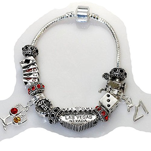 6.5" Viva Las Vegas Theme Charm with 12 Charms, Pocker Cards,Casino Chips,Dice,Martini Glass & Crystals charm beads, For Snake Chain Bracelets