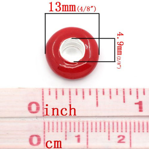 European Charm Beads Flat Round Silver Plated Enamel Red - Sexy Sparkles Fashion Jewelry - 2