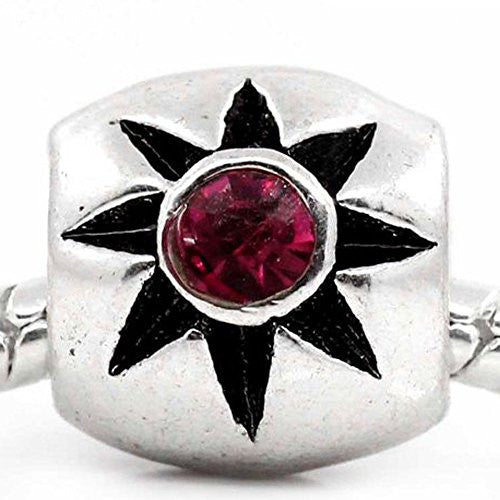 European Charm Beads Column Antique Silver Flower Carved Red Rhinestone