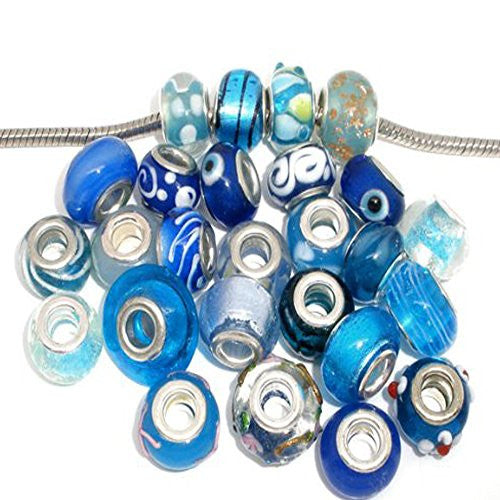 Ten (10) Pack of Assorted Blue Glass Lampwork, Murano Glass Beads for European Style Bracelet