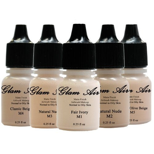 Glam Air Airbrush Water-based Large 0.50 Fl. Oz. Bottles of Foundation in 5 Assorted Light Matte Shades (For Normal to Oily light Skin) - Sexy Sparkles Fashion Jewelry - 1