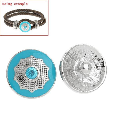 Chunk Snap Buttons Fit Chunk Bracelet Round Silver Tone Enamel Blue Polygon Pattern Carved Blue Rhinestone 20mm - Sexy Sparkles Fashion Jewelry - 2