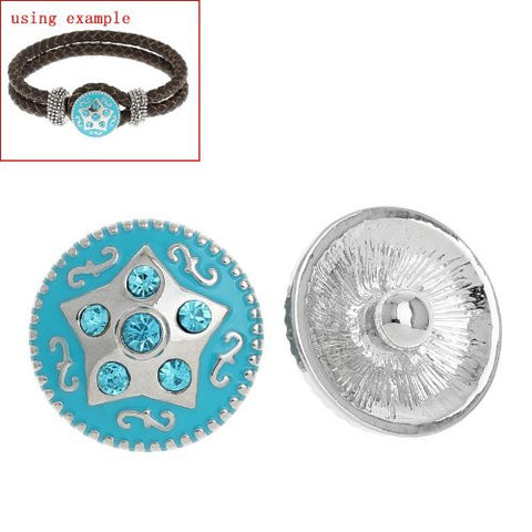 Chunk Snap Buttons Fit Chunk Bracelet Round Silver Tone Blue Rhinestone Enamel Blue Star Pattern Carved 20mm - Sexy Sparkles Fashion Jewelry - 2