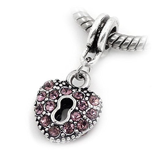 Purple Crystals Heart Lock Dangle Charm Bead For Snake Chain Bracelet