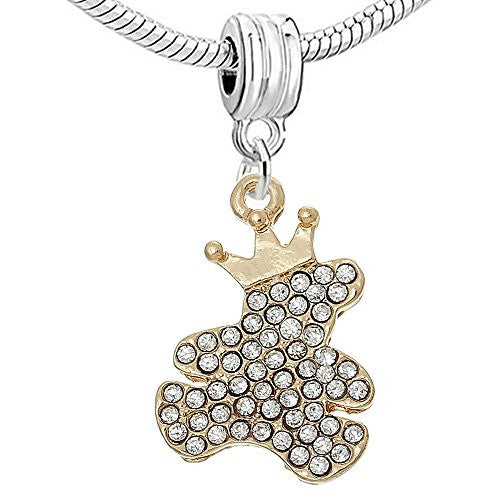 Silver or Gold Toned Bear with Crown European Bead Compatible for Most European Snake Chain Bracelets (Gold)