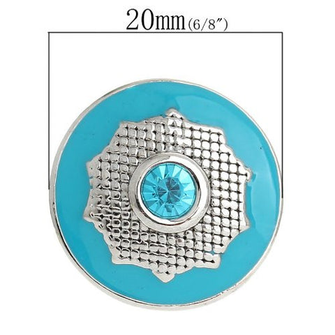 Chunk Snap Buttons Fit Chunk Bracelet Round Silver Tone Enamel Blue Polygon Pattern Carved Blue Rhinestone 20mm - Sexy Sparkles Fashion Jewelry - 3