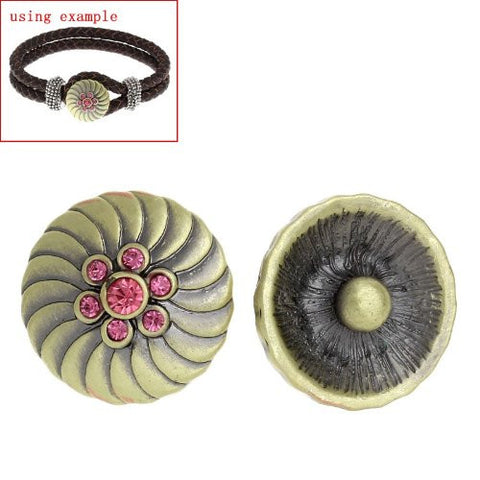 Chunk Snap Buttons Fit Chunk Bracelet Round Antique Bronze Flower Pattern Carved Pink Rhinestone 20mm - Sexy Sparkles Fashion Jewelry - 2