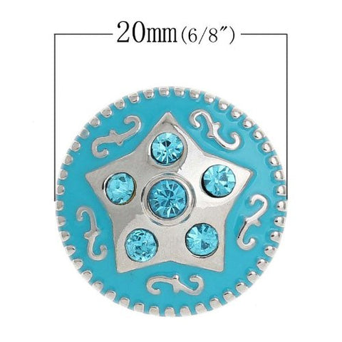 Chunk Snap Buttons Fit Chunk Bracelet Round Silver Tone Blue Rhinestone Enamel Blue Star Pattern Carved 20mm - Sexy Sparkles Fashion Jewelry - 3