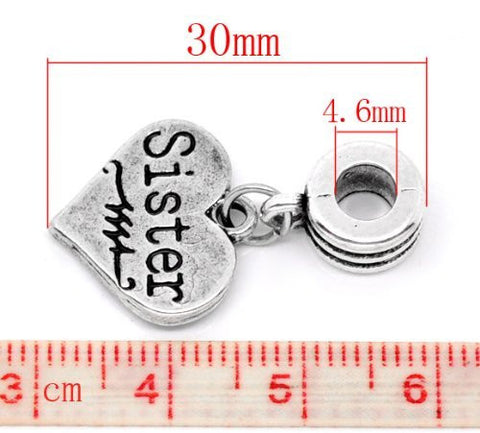 Sister on Heart Charm Dangle Bead Charm Spacer For Snake Chain Charm Bracelet - Sexy Sparkles Fashion Jewelry - 3