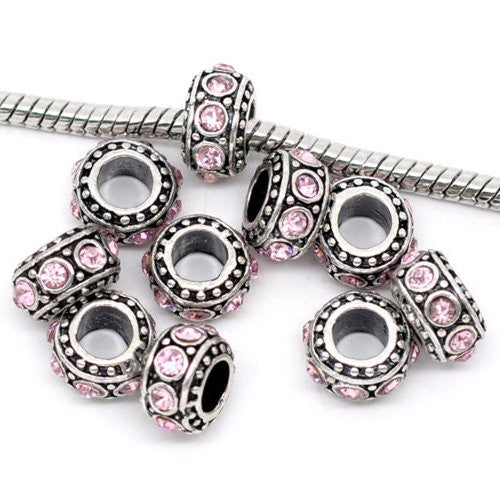 Five (5) June Birthstone Light Pink  Rhinestone Charms Spacer Beads For Snake Chain Charm Bracelet