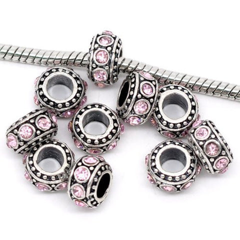 Five (5) June Birthstone Light Pink  Rhinestone Charms Spacer Beads For Snake Chain Charm Bracelet - Sexy Sparkles Fashion Jewelry - 1