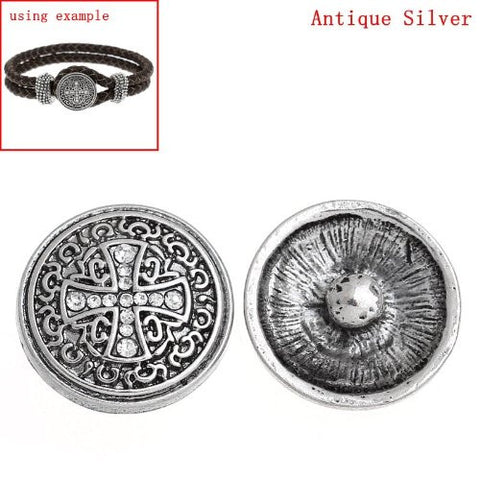 Chunk Snap Buttons Fit Chunk Bracelet Round Antique Silver Cross Pattern Carved Clear Rhinestone 20mm - Sexy Sparkles Fashion Jewelry - 2