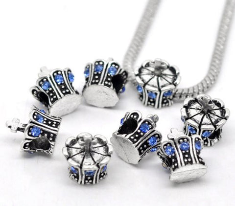 Blue  Rhinestone Crown European Bead Compatible for Most European Snake Chain Bracelet - Sexy Sparkles Fashion Jewelry - 2