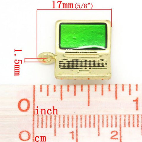 Gold plated base Tone Computer/laptop with Green Enamel Screen Charm Pendant - Sexy Sparkles Fashion Jewelry - 2
