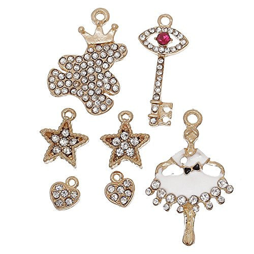 7 Mixed Charm Pendants Bear, Hearts, Stars, Ballerina and Key for Bracelet or Necklace - Sexy Sparkles Fashion Jewelry - 1