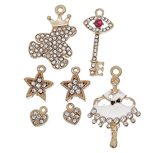 7 Mixed Charm Pendants Bear, Hearts, Stars, Ballerina and Key for Bracelet or Necklace
