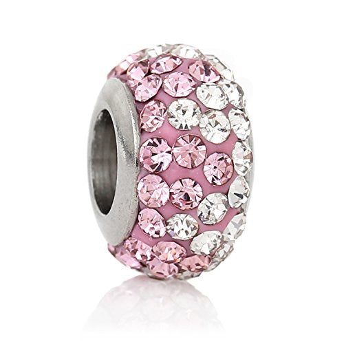 Stainless Steel European Style Charm Beads Round Silver Tone With Pink & Clear Rhinestone