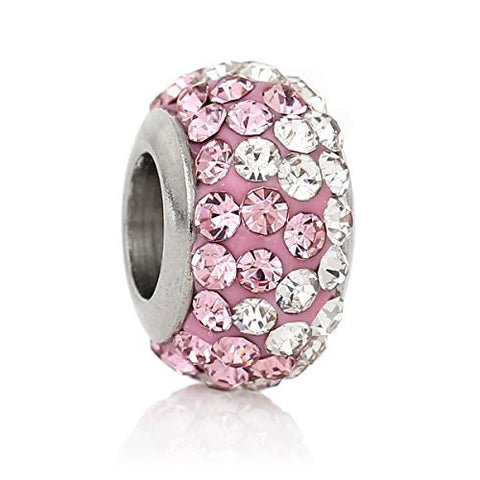 Stainless Steel European Style Charm Beads Round Silver Tone With Pink & Clear Rhinestone - Sexy Sparkles Fashion Jewelry - 1