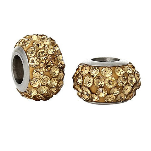 Stainless Steel European Style Charm Beads Round Silver Tone Yellow Rhinestone - Sexy Sparkles Fashion Jewelry - 2