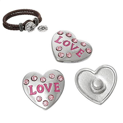 Chunk Snap Jewelry Button Heart Silver Tone Fit Chunk Bracelet Pink Rhinestone "Love" Pattern - Sexy Sparkles Fashion Jewelry - 3
