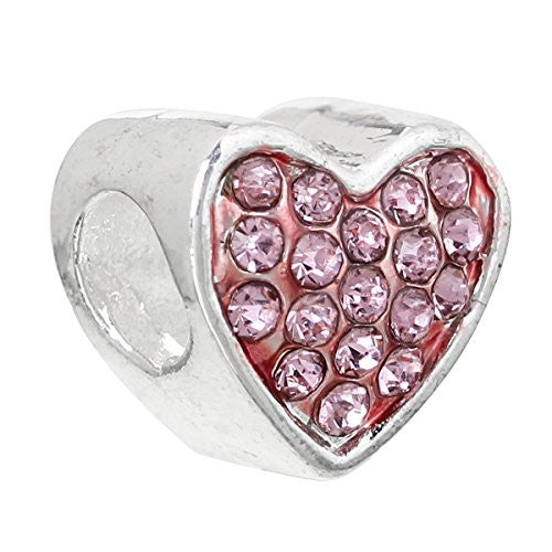 Mothers Day Princess Heart with Pink Rhinestones Charm Bead for European Snake Chain Charm Bracelet