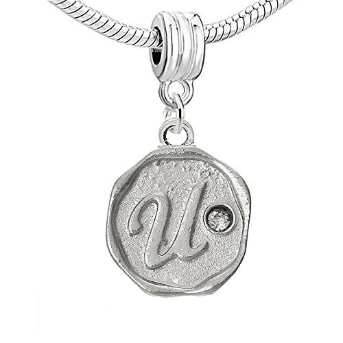 Alphabet Letter U Carved with Clear  Crystals Charm Dangle Bead Compatible with European Snake Chain Bracelets - Sexy Sparkles Fashion Jewelry