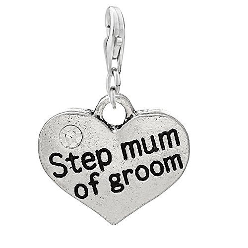 Step Mum of the Groom Heart Charm for European Clip on Jewelry w/ Lobster Clasp