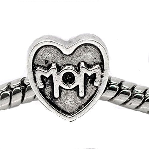 MOM Carved on Heart Charm European Bead Compatible for Most European Snake Chain Bracelet