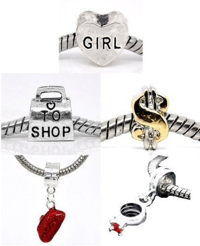 Set of 5 Charms Love to Shop Charm Beads For Snake Chain Bracelets - Sexy Sparkles Fashion Jewelry - 2