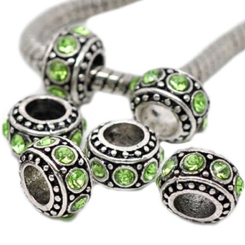 Six (6) Peridot Birthstone Light Green European Bead Compatible for Most European Snake Chain Charm Bracelet