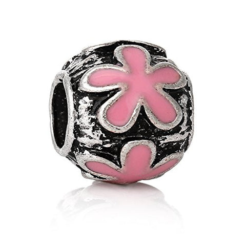 Round Flower Pattern Enamel Pink Charm Bead - Sexy Sparkles Fashion Jewelry - 1