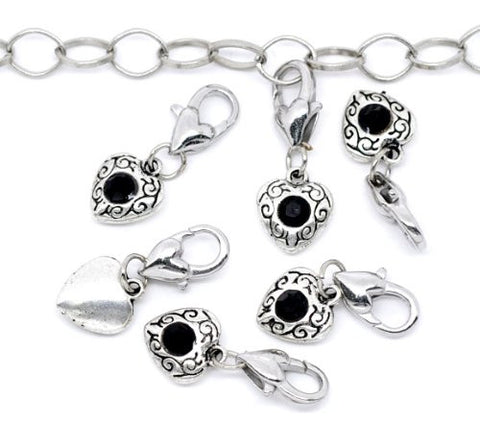Antique Silver Black Rhinestone Heart Clip On Charms. Fits Thomas Sabo 26x10mm, - Sexy Sparkles Fashion Jewelry - 3
