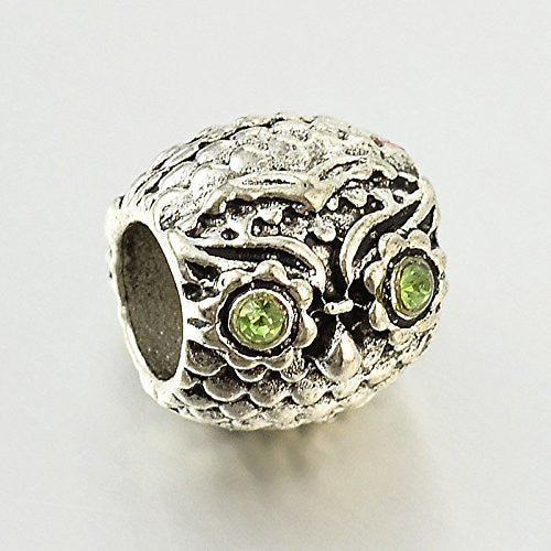 Owl Charm Bead With Light Green Crystals for European Snake Chain Charm Bracelet