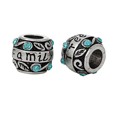 "Family"Carved Barrel Charm Bead w/ Blue Crystals - Sexy Sparkles Fashion Jewelry - 3