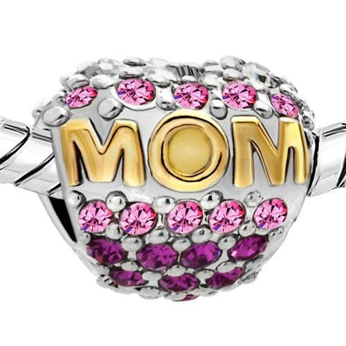 Love Mom Pink  Crystals Charm European Bead Compatible for Most European Snake Chain Bracelet